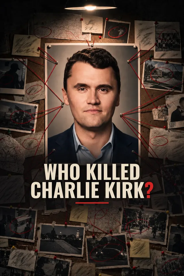 Poster for Who Killed Charlie Kirk?: a portrait pinned to an investigation board with red string